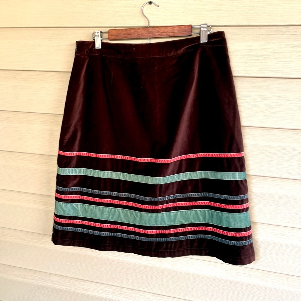 BODEN brown velvet pencil skirt with colorful ribbon detailing preppy sz 10 EUC